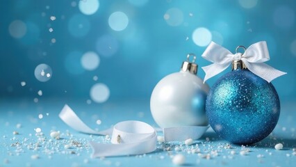 Christmas blue ball on a blue background, greeting card, New Year's banner