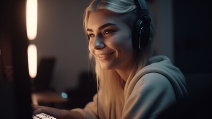 Poster - A young woman gaming with headphones, smiling at her computer screen.