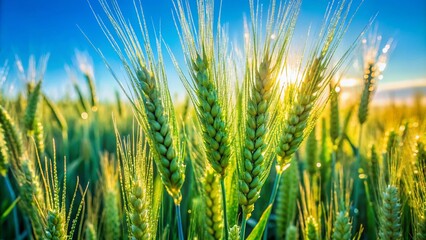 Wall Mural - Lush Green Wheat Field Under a Clear Blue Sky with Macro Focus on Grain Heads and Dew Drops Capturing Nature's Beauty and Agricultural Serenity in Rural Landscapes