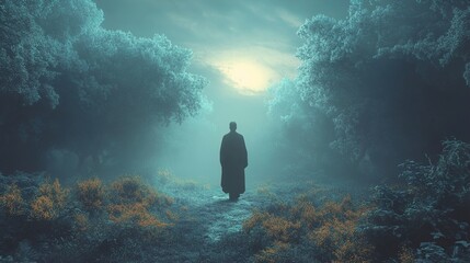 Canvas Print - Enigmatic Path: A Man Walks into Moonlight Forest