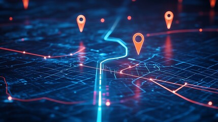 Aufkleber - Digital map with location pins and illuminated pathways.