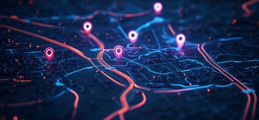 Aufkleber - Digital map with location pins and illuminated pathways.