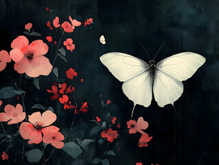 Poster - A serene illustration of white butterflies among vibrant flowers against a dark background.