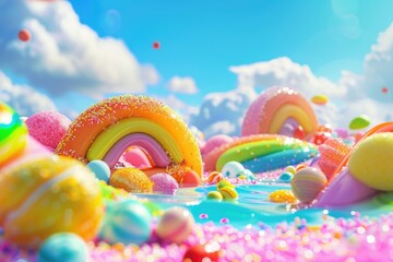 Wall Mural - Colorful scene of candy and sprinkles with a rainbow in the middle. Scene is playful and fun