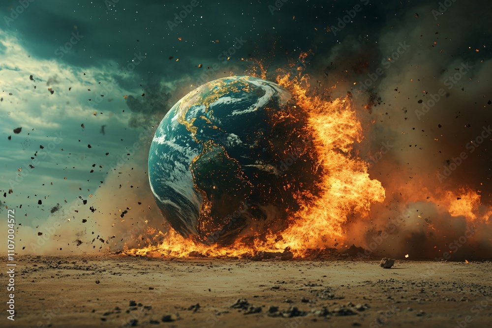 Earth burning and exploding, representing climate change, global ...