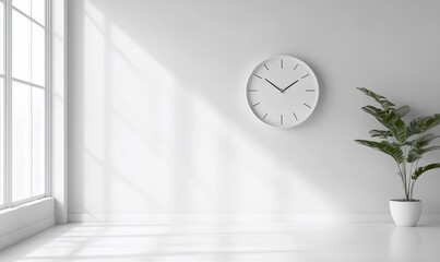 Poster - Minimalist room with a clock and a potted plant, emphasizing tranquility.