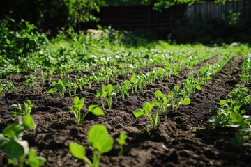 Field of green plants with dirt in between. The plants are small and are growing in rows