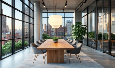 Poster - Modern conference room with a large table and city views.