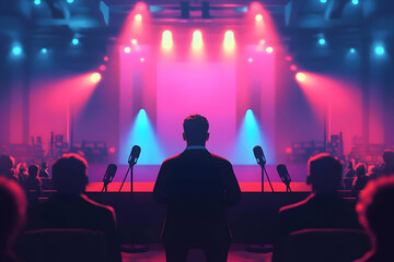 Aufkleber - A speaker stands before an audience in a well-lit venue, ready to present.