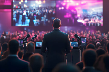 Poster - A speaker addresses a large audience at an event, with multiple screens displaying the crowd.