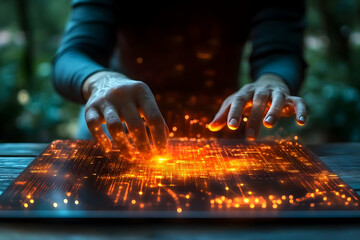 Poster - A person interacts with a glowing, digital interface, symbolizing technology and innovation.