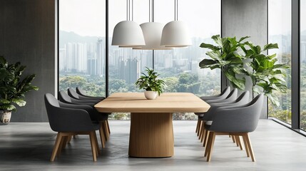 Aufkleber - Modern dining area with a wooden table and city view.