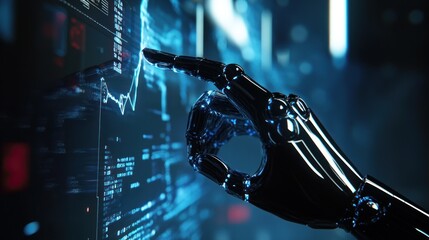 Poster - AI Analyzing Data: Robotic Hand Interacting with a Futuristic Digital Interface