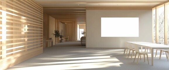 Poster - Modern interior space featuring wooden architecture and natural lighting.