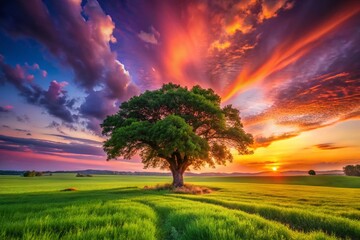 Poster - Majestic Big Tree Overlooking a Lush Green Field in the Countryside at Sunset with Vibrant Sky Colors and Tranquil Atmosphere – Perfect for Nature and Landscape Photography