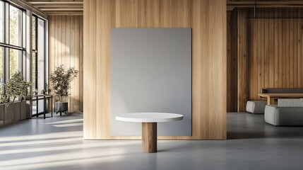 Aufkleber - Modern interior featuring a round table and minimalist artwork.