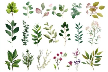 Wall Mural - collection of various types of leaves and flowers. the leaves are green and the flowers are pink and