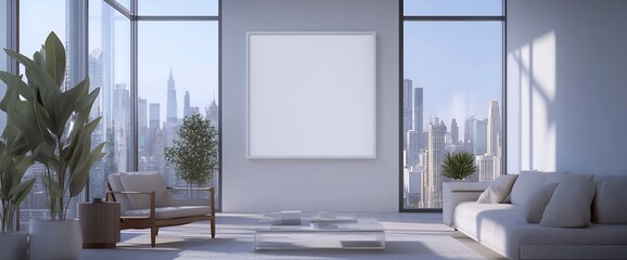 Poster - Modern living room with a city view and blank canvas for art.