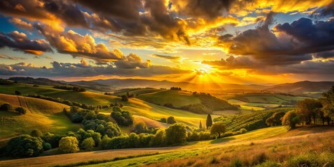 Sticker - Majestic Golden Knight: A Stunning Sunset Landscape with Golden Light Illuminating Rolling Hills and Dramatic Sky, Capturing the Essence of Nature's Beauty and Serenity