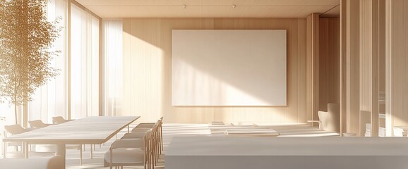 Poster - Modern meeting room with wooden interiors and a blank presentation screen.