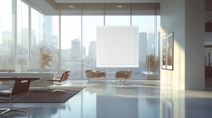 Poster - Modern office interior with minimalist design and city view.