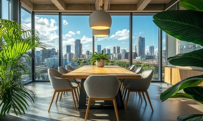 Poster - Modern office meeting room with city skyline view and greenery.