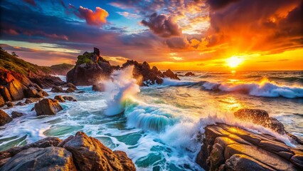 Sticker - Majestic Ocean Waves Crashing Against Rugged Rocks on a Serene Shoreline During Sunset, Capturing the Power and Beauty of Nature's Dynamic Seascape