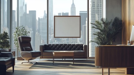 Poster - Modern office space with city view and minimalist decor.