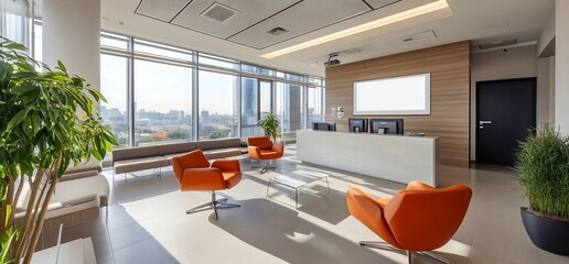 Poster - Modern office reception area with orange chairs and large windows.