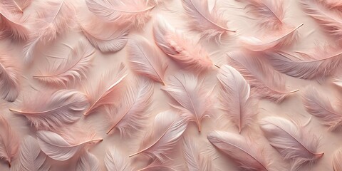 Wall Mural - A delicate arrangement of blush-toned feathers on a soft pink background, creating a serene and elegant texture.