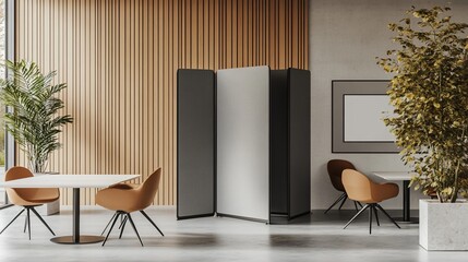 Poster - Modern office space with partitions, seating, and greenery.