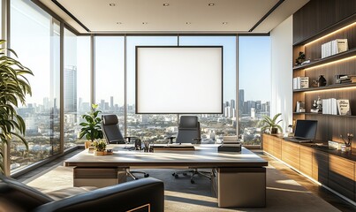 Poster - Modern office space with panoramic city views and minimalist design.