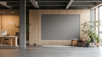 Poster - Modern office space with wooden accents and a blank wall for presentations.