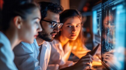 Poster - Scientists analyzing data on computer screens in a lab setting.