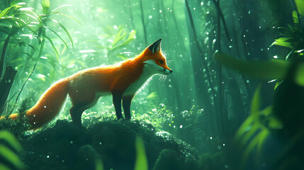 Poster - A vibrant fox stands in a lush, green forest, illuminated by soft, magical light.