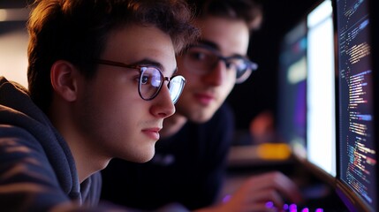 Poster - Two individuals focused on coding at computer screens in a dimly lit room.