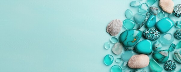 turquoise jewelry and coastal, a serene arrangement of turquoise stones and seashells on a soft blue