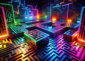 Wall Mural - Mesmerizing Maze of Neon Patterns on a Dark Surface Creating a Vibrant Visual Experience in Landscape Photography for Abstract Art Enthusiasts and Designers