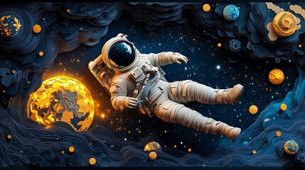 a whimsical paper-cut style illustration of an astronaut floating in the vastness of space.