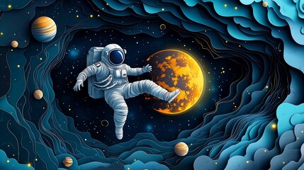 Wall Mural - a whimsical paper-cut style illustration of an astronaut floating in the vastness of space.