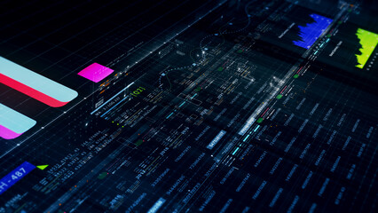 Fototapete - Futuristic network simulation blending AI, quantum physics, and deep learning, with a particle matrix analyzing data in a sleek, HUD-style interface