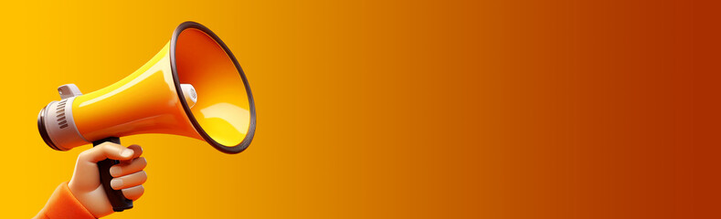Aufkleber - Extreme close-up of a hand in cartoon style holding a megaphone or loudspeaker against a yellow-orange Background with copy space. Wide banner for you special promotions. Generative Ai.