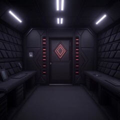 Poster - dark futuristic room with a glowing door and consoles.