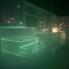 Poster - Illuminated acrylic steps and platforms in a modern, minimalist interior at night.