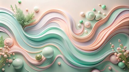 Wall Mural - Abstract Pastel Wave Composition with Floral Elements and Spheres