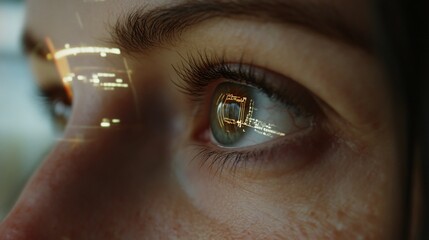 Poster - Close-up of a woman's eye with a reflection of a cityscape and data in it.