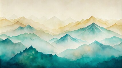 Wall Mural - Serene Watercolor Landscape of Misty Mountain Ranges in Gradual Color Transition