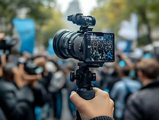 Poster - A person holds a camera on a tripod, capturing a crowd at an outdoor event.