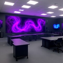 Poster - Modern control room with large purple abstract screen display, workstations, and monitors.