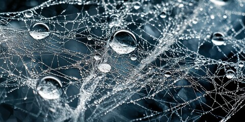 A macro photograph of water droplets on a spider web, showcasing intricate details and nature's beauty.